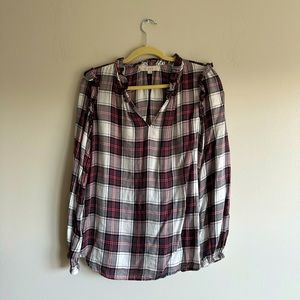 Loft Ruffle Collar V Front Plaid Blouse